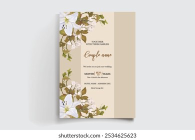 HOCHZEITSEINLADUNGSRAHMEN MIT BLUMENDEKORATIONEN UND FRISCHEN BLÄTTERN