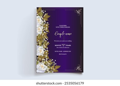 WEDDING INVITATION FRAME WITH FLOWER DECORATIONS AND FRESH LEAVES