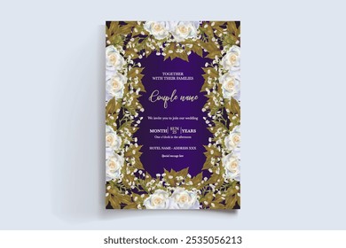 WEDDING INVITATION FRAME WITH FLOWER DECORATIONS AND FRESH LEAVES