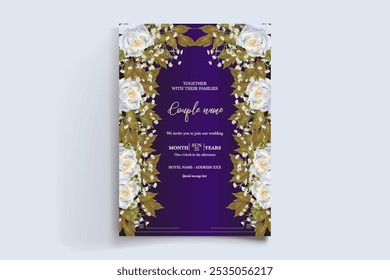 WEDDING INVITATION FRAME WITH FLOWER DECORATIONS AND FRESH LEAVES