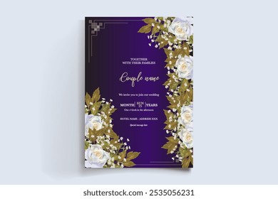 WEDDING INVITATION FRAME WITH FLOWER DECORATIONS AND FRESH LEAVES
