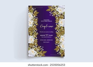 WEDDING INVITATION FRAME WITH FLOWER DECORATIONS AND FRESH LEAVES