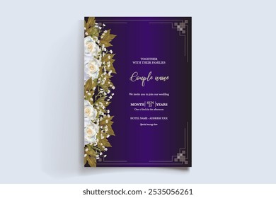 HOCHZEITSEINLADUNGSRAHMEN MIT BLUMENDEKORATIONEN UND FRISCHEN BLÄTTERN
