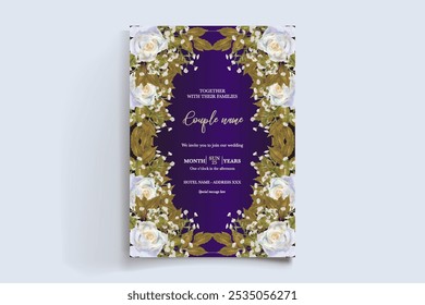 WEDDING INVITATION FRAME WITH FLOWER DECORATIONS AND FRESH LEAVES