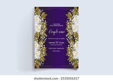 WEDDING INVITATION FRAME WITH FLOWER DECORATIONS AND FRESH LEAVES