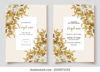 WEDDING INVITATION FRAME WITH FLOWER DECORATIONS AND FRESH LEAVES
