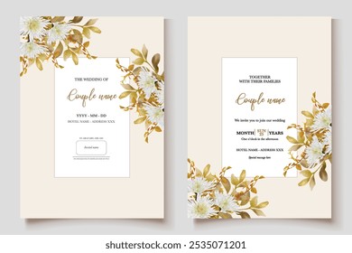 WEDDING INVITATION FRAME WITH FLOWER DECORATIONS AND FRESH LEAVES
