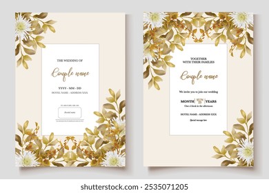 HOCHZEITSEINLADUNGSRAHMEN MIT BLUMENDEKORATIONEN UND FRISCHEN BLÄTTERN