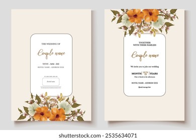 WEDDING INVITATION FRAME WITH FLOWER DECORATIONS AND FRESH LEAVES