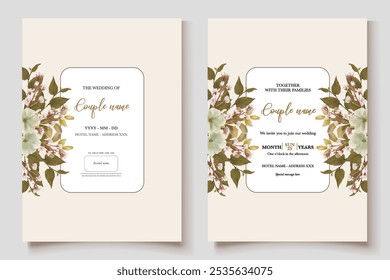 WEDDING INVITATION FRAME WITH FLOWER DECORATIONS AND FRESH LEAVES