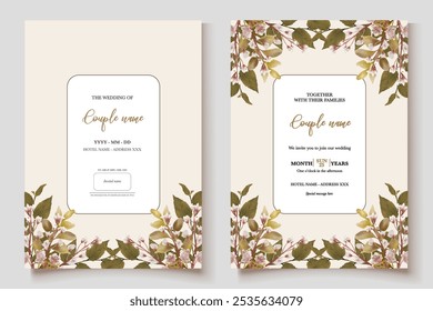 WEDDING INVITATION FRAME WITH FLOWER DECORATIONS AND FRESH LEAVES