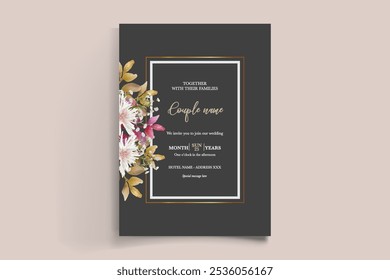 WEDDING INVITATION FRAME WITH FLOWER DECORATIONS AND FRESH LEAVES