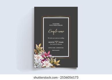 WEDDING INVITATION FRAME WITH FLOWER DECORATIONS AND FRESH LEAVES