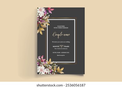WEDDING INVITATION FRAME WITH FLOWER DECORATIONS AND FRESH LEAVES