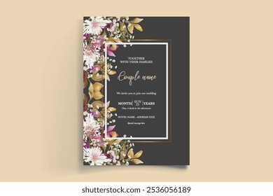 WEDDING INVITATION FRAME WITH FLOWER DECORATIONS AND FRESH LEAVES