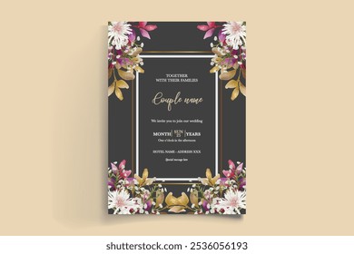 HOCHZEITSEINLADUNGSRAHMEN MIT BLUMENDEKORATIONEN UND FRISCHEN BLÄTTERN
