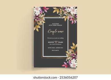 WEDDING INVITATION FRAME WITH FLOWER DECORATIONS AND FRESH LEAVES