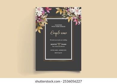 HOCHZEITSEINLADUNGSRAHMEN MIT BLUMENDEKORATIONEN UND FRISCHEN BLÄTTERN