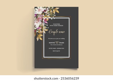 WEDDING INVITATION FRAME WITH FLOWER DECORATIONS AND FRESH LEAVES