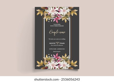 QUADRO DE CONVITE DE CASAMENTO COM DECORAÇÕES DE FLORES E FOLHAS FRESCAS