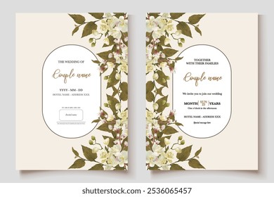 WEDDING INVITATION FRAME WITH FLOWER DECORATIONS AND FRESH LEAVES