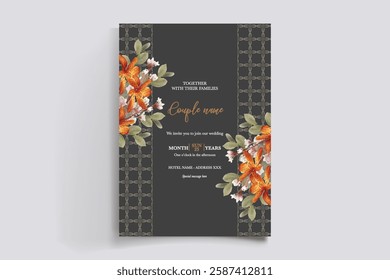 WEDDING INVITATION FRAME WITH FLOWER DECORATIONS AND FRESH LEAVES 