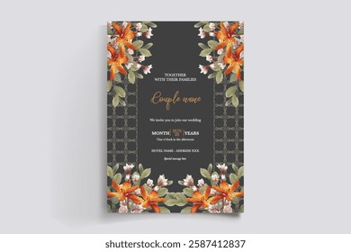 WEDDING INVITATION FRAME WITH FLOWER DECORATIONS AND FRESH LEAVES 