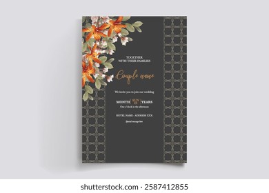 WEDDING INVITATION FRAME WITH FLOWER DECORATIONS AND FRESH LEAVES 