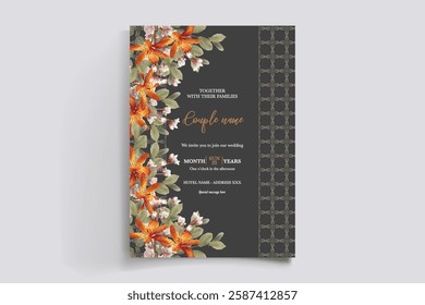 WEDDING INVITATION FRAME WITH FLOWER DECORATIONS AND FRESH LEAVES 
