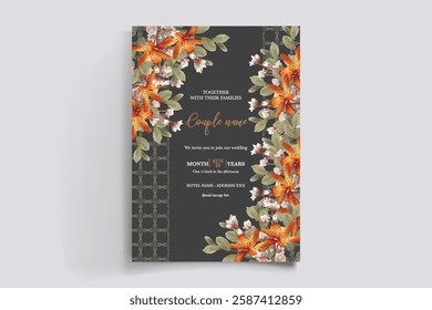 WEDDING INVITATION FRAME WITH FLOWER DECORATIONS AND FRESH LEAVES 