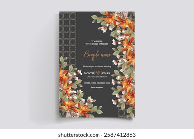 WEDDING INVITATION FRAME WITH FLOWER DECORATIONS AND FRESH LEAVES 