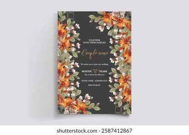 WEDDING INVITATION FRAME WITH FLOWER DECORATIONS AND FRESH LEAVES 