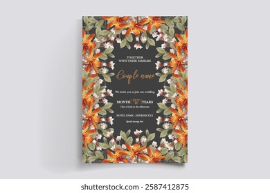 WEDDING INVITATION FRAME WITH FLOWER DECORATIONS AND FRESH LEAVES 