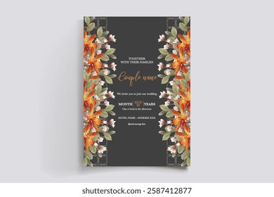 WEDDING INVITATION FRAME WITH FLOWER DECORATIONS AND FRESH LEAVES 