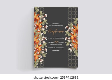 WEDDING INVITATION FRAME WITH FLOWER DECORATIONS AND FRESH LEAVES 