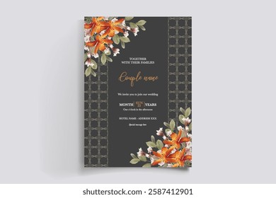 WEDDING INVITATION FRAME WITH FLOWER DECORATIONS AND FRESH LEAVES 