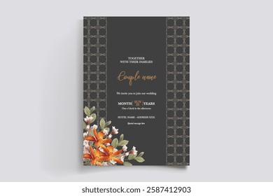 WEDDING INVITATION FRAME WITH FLOWER DECORATIONS AND FRESH LEAVES 