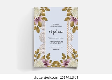 WEDDING INVITATION FRAME WITH FLOWER DECORATIONS AND FRESH LEAVES 