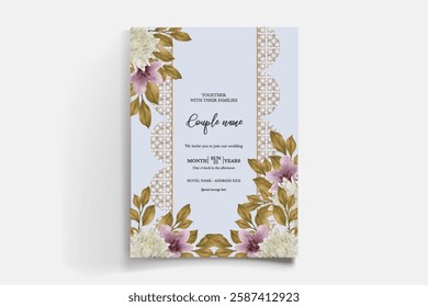 WEDDING INVITATION FRAME WITH FLOWER DECORATIONS AND FRESH LEAVES 