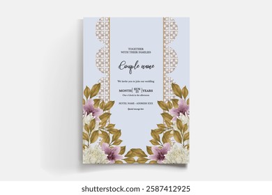 WEDDING INVITATION FRAME WITH FLOWER DECORATIONS AND FRESH LEAVES 