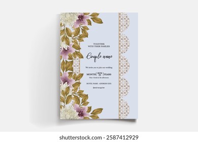 WEDDING INVITATION FRAME WITH FLOWER DECORATIONS AND FRESH LEAVES 