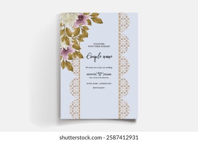 WEDDING INVITATION FRAME WITH FLOWER DECORATIONS AND FRESH LEAVES 