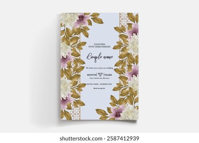 WEDDING INVITATION FRAME WITH FLOWER DECORATIONS AND FRESH LEAVES 