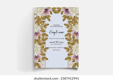 WEDDING INVITATION FRAME WITH FLOWER DECORATIONS AND FRESH LEAVES 