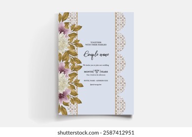 WEDDING INVITATION FRAME WITH FLOWER DECORATIONS AND FRESH LEAVES 