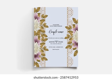 WEDDING INVITATION FRAME WITH FLOWER DECORATIONS AND FRESH LEAVES 