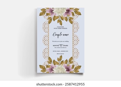 WEDDING INVITATION FRAME WITH FLOWER DECORATIONS AND FRESH LEAVES 