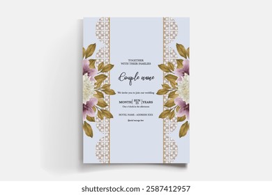 WEDDING INVITATION FRAME WITH FLOWER DECORATIONS AND FRESH LEAVES 