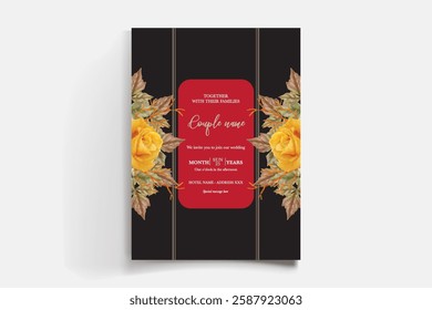 WEDDING INVITATION FRAME WITH FLOWER DECORATIONS AND FRESH LEAVES