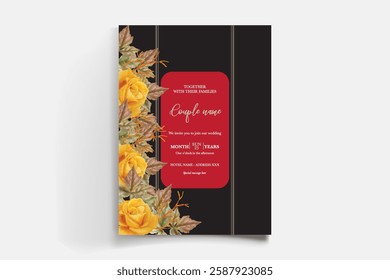 WEDDING INVITATION FRAME WITH FLOWER DECORATIONS AND FRESH LEAVES
